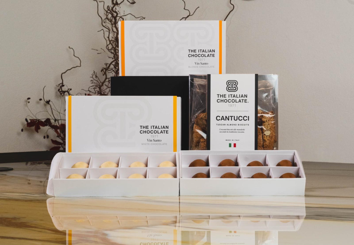 A Taste of Tuscany special offer: two boxes of 8 Vin Santo pralines in white and blonde chocolate with a box of cantucci