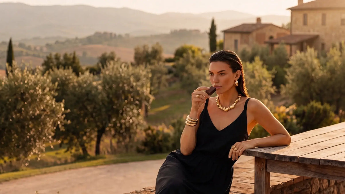 A woman tastes a piece of chocolate on a terrace above the Tuscan hills