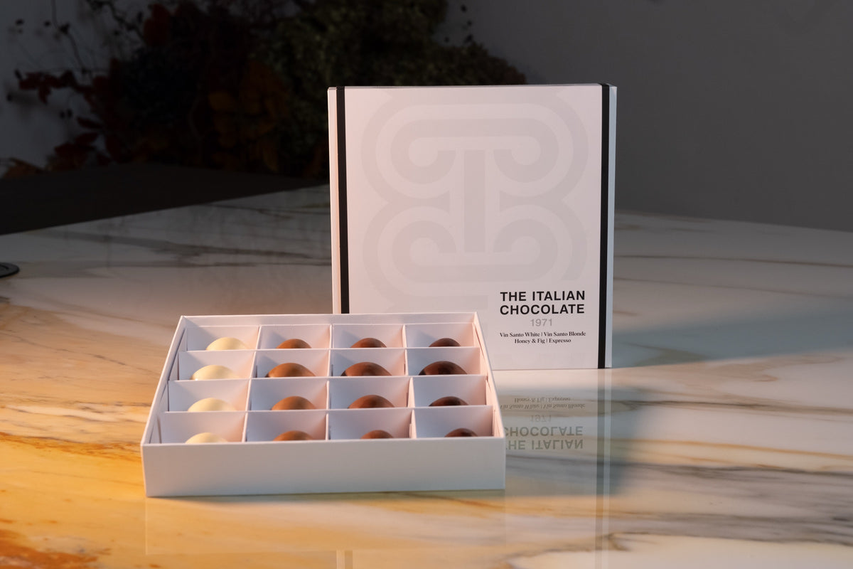 A Taste of Tuscany box of 16 pralines, open box showing the chocolates