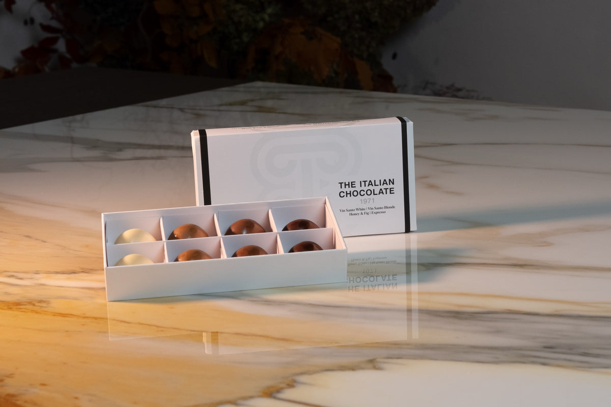 A Taste of Tuscany box of 8 pralines, open box showing the chocolates